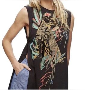 Free People Wild Cat Beaded Black Graphic Sleeveless Top